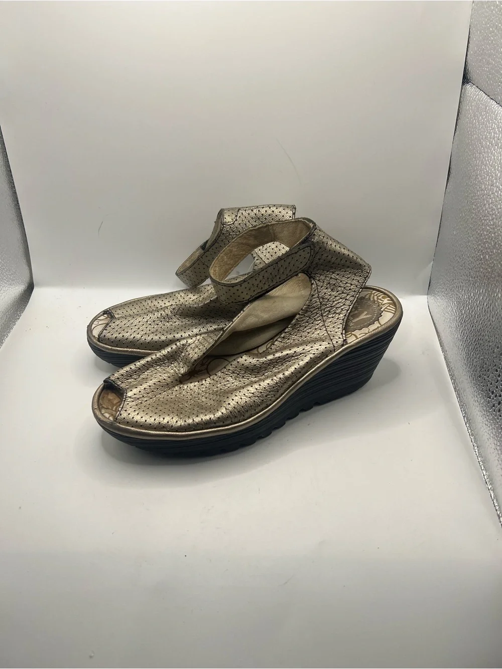 Fly London Metallic Gold Wedge Sandals